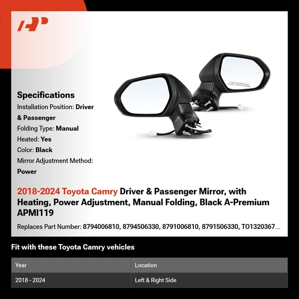 2018-2024 Toyota Camry Driver & Passenger Mirror, with Heating, Power Adjustment, Manual Folding, Black A-Premium APMI119