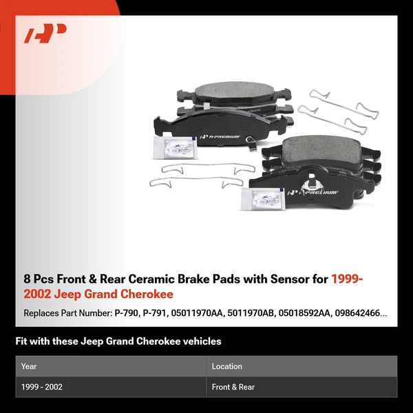 8 Pcs Front & Rear Ceramic Brake Pads with Sensor for 1999-2002 Jeep Grand Cherokee