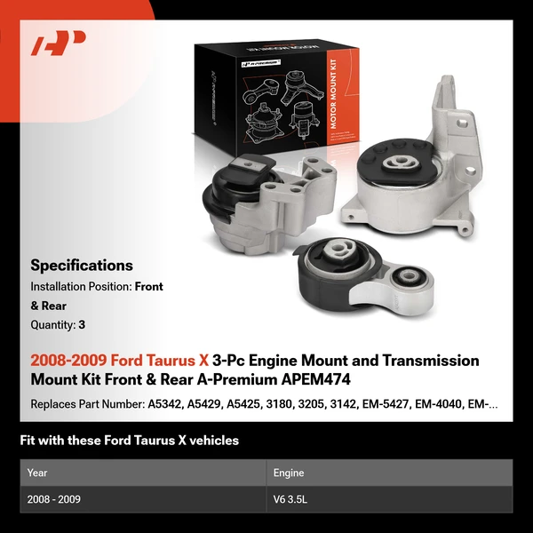 2008-2009 Ford Taurus X 3-Pc Engine Mount and Transmission Mount Kit Front & Rear A-Premium APEM474