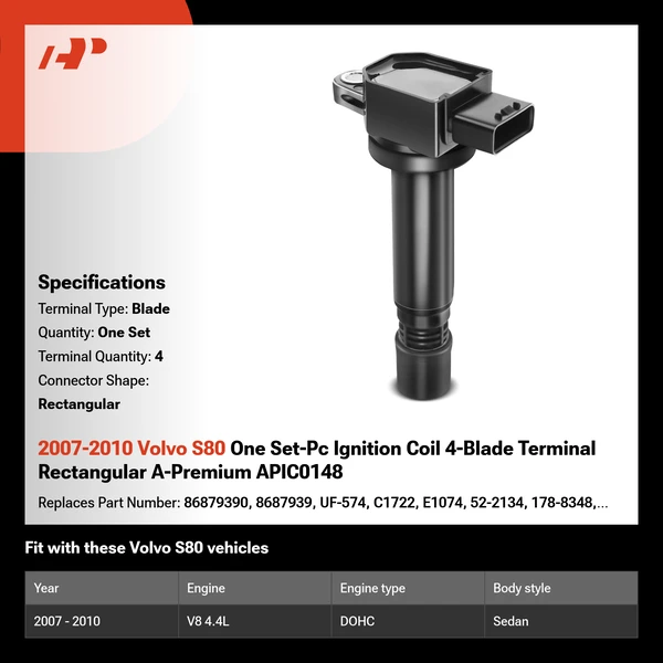2007-2010 Volvo S80 One Set-Pc Ignition Coil 4-Blade Terminal Rectangular A-Premium APIC0148