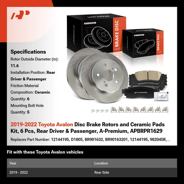 2019-2022 Toyota Avalon Disc Brake Rotors and Ceramic Pads Kit, 6 Pcs, Rear Driver & Passenger, A-Premium, APBRPR1629