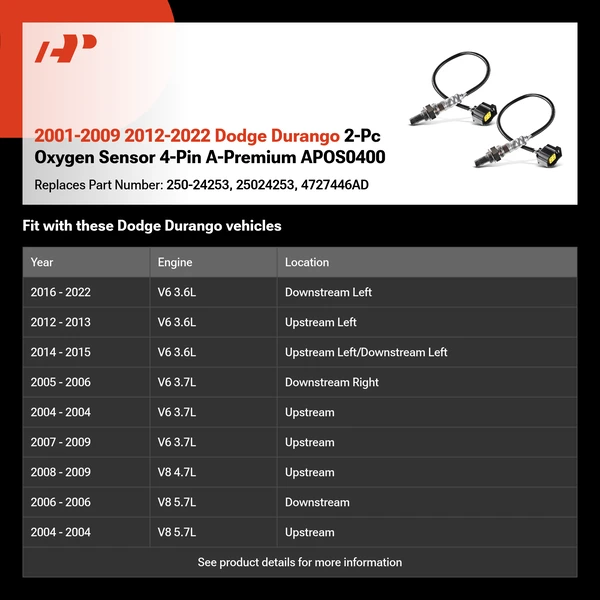 2001-2009 2012-2022 Dodge Durango 2-Pc Oxygen Sensor 4-Pin A-Premium APOS0400