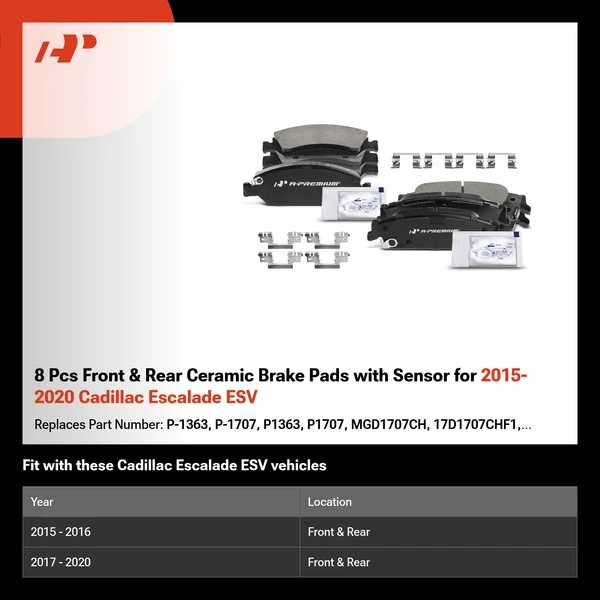 8 Pcs Front & Rear Ceramic Brake Pads with Sensor for 2015-2020 Cadillac Escalade ESV