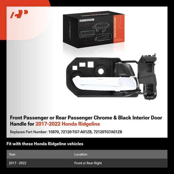 Front Passenger or Rear Passenger Chrome & Black Interior Door Handle for 2017-2022 Honda Ridgeline