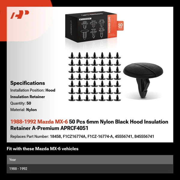 1988-1992 Mazda MX-6 50 Pcs 6mm Nylon Black Hood Insulation Retainer A-Premium APRCF4051