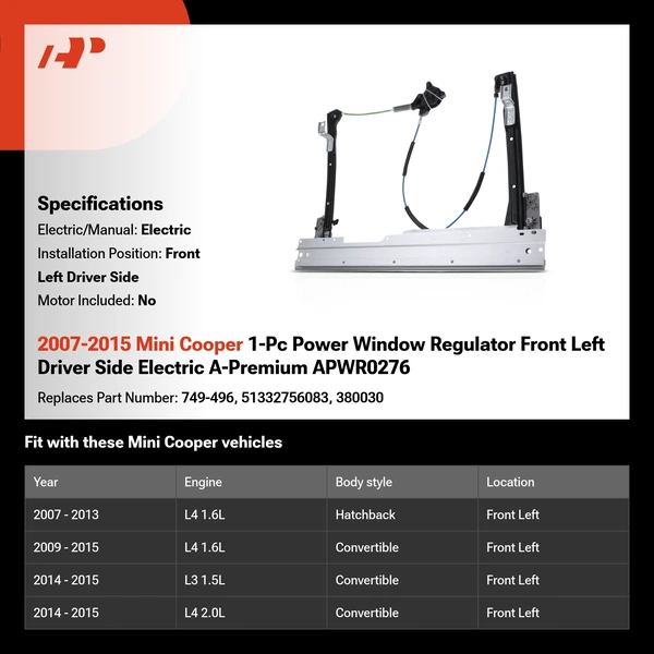 2007-2015 Mini Cooper 1-Pc Power Window Regulator Front Left Driver Side Electric A-Premium APWR0276