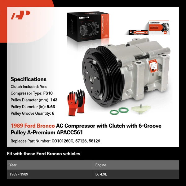 1989 Ford Bronco AC Compressor with Clutch with 6-Groove Pulley A-Premium APACC561