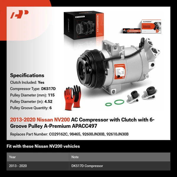 2013-2020 Nissan NV200 AC Compressor with Clutch with 6-Groove Pulley A-Premium APACC497