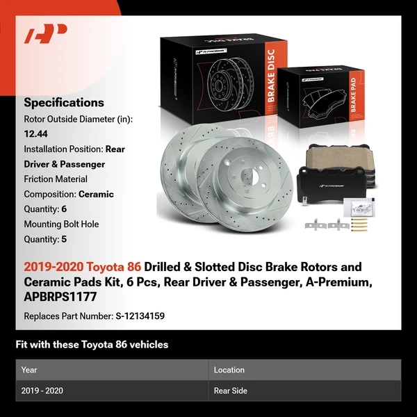 2019-2020 Toyota 86 Drilled & Slotted Disc Brake Rotors and Ceramic Pads Kit, 6 Pcs, Rear Driver & Passenger, A-Premium, APBRPS1177
