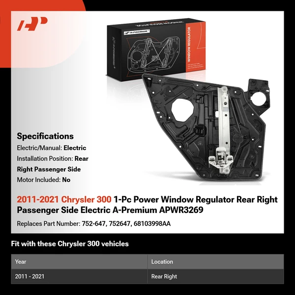 2011-2021 Chrysler 300 1-Pc Power Window Regulator Rear Right Passenger Side Electric A-Premium APWR3269