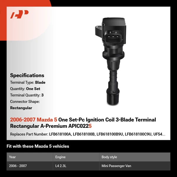 2006-2007 Mazda 5 One Set-Pc Ignition Coil 3-Blade Terminal Rectangular A-Premium APIC0225