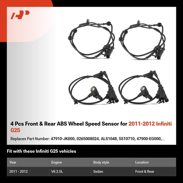 4 Pcs Front & Rear ABS Wheel Speed Sensor for 2011-2012 Infiniti G25