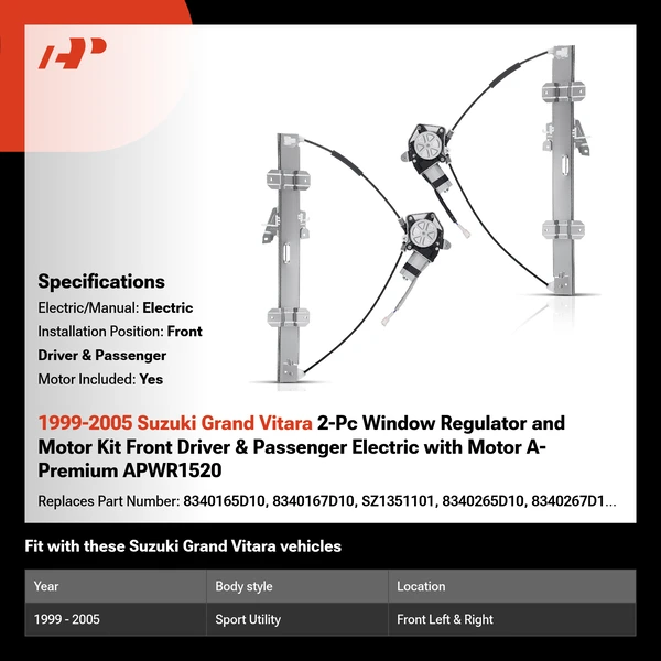 1999-2005 Suzuki Grand Vitara 2-Pc Window Regulator and Motor Kit Front Driver & Passenger Electric with Motor A-Premium APWR1520