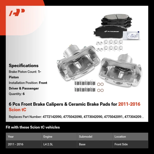 6 Pcs Front Brake Calipers & Ceramic Brake Pads for 2011-2016 Scion tC