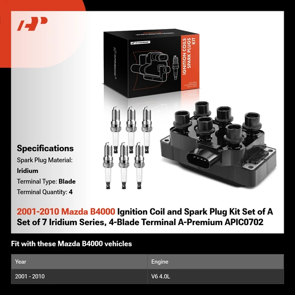 2001-2010 Mazda B4000 Ignition Coil and Spark Plug Kit Set of A Set of 7 Iridium Series, 4-Blade Terminal A-Premium APIC0702