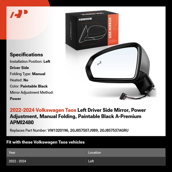 2022-2024 Volkswagen Taos Left Driver Side Mirror, Power Adjustment, Manual Folding, Paintable Black A-Premium APMI2480