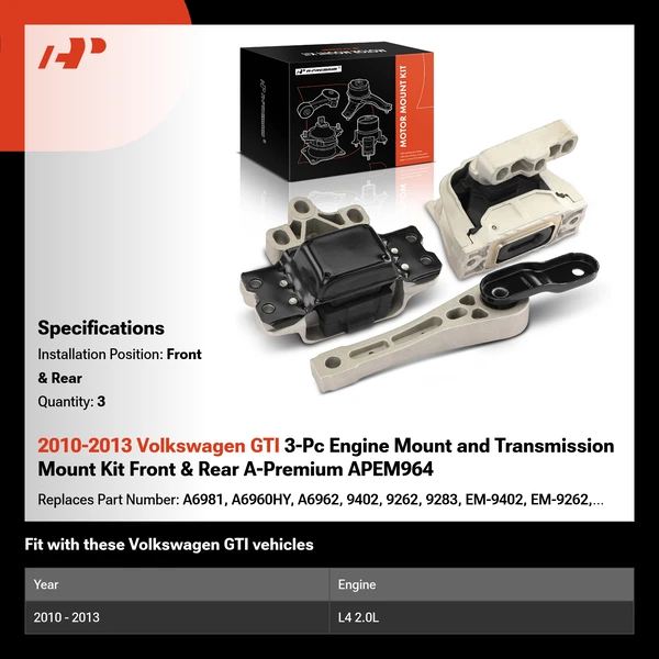 2010-2013 Volkswagen GTI 3-Pc Engine Mount and Transmission Mount Kit Front & Rear A-Premium APEM964