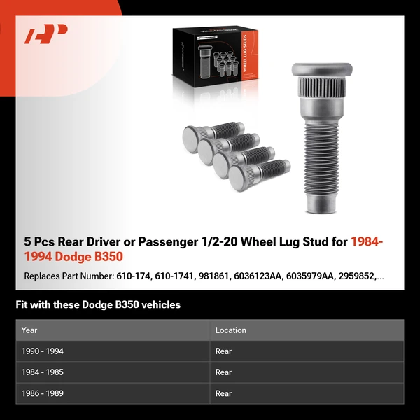 5 Pcs Rear Driver or Passenger 1/2-20 Wheel Lug Stud for 1984-1994 Dodge B350