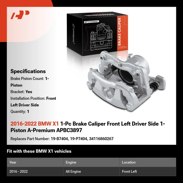 2016-2022 BMW X1 1-Pc Brake Caliper Front Left Driver Side 1-Piston A-Premium APBC3897