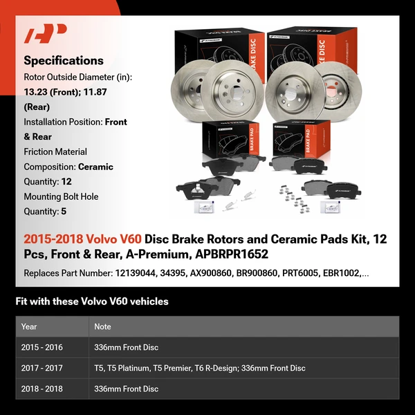 2015-2018 Volvo V60 Disc Brake Rotors and Ceramic Pads Kit, 12 Pcs, Front & Rear, A-Premium, APBRPR1652