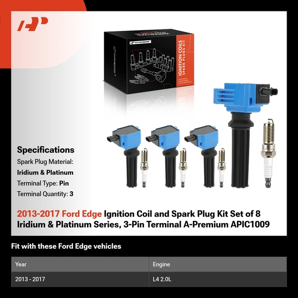 2013-2017 Ford Edge Ignition Coil and Spark Plug Kit Set of 8 Iridium & Platinum Series, 3-Pin Terminal A-Premium APIC1009