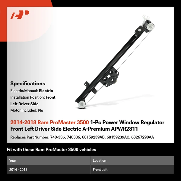 2014-2018 Ram ProMaster 3500 1-Pc Power Window Regulator Front Left Driver Side Electric A-Premium APWR2811