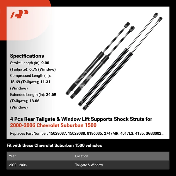 4 Pcs Rear Tailgate & Window Lift Supports Shock Struts for 2000-2006 Chevrolet Suburban 1500