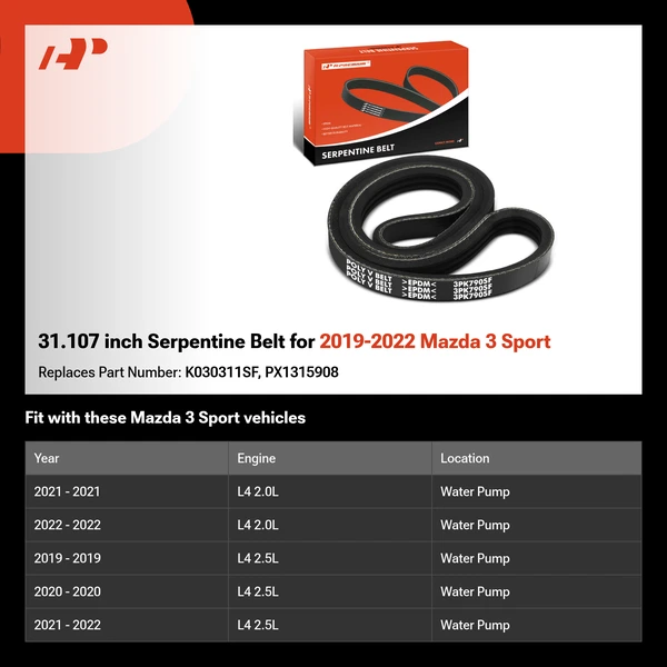 31.107 inch Serpentine Belt for 2019-2022 Mazda 3 Sport