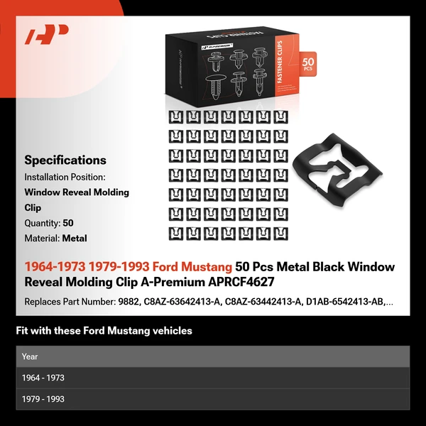 1964-1973 1979-1993 Ford Mustang 50 Pcs Metal Black Window Reveal Molding Clip A-Premium APRCF4627
