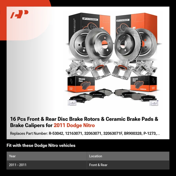 16 Pcs Front & Rear Disc Brake Rotors & Ceramic Brake Pads & Brake Calipers for 2011 Dodge Nitro