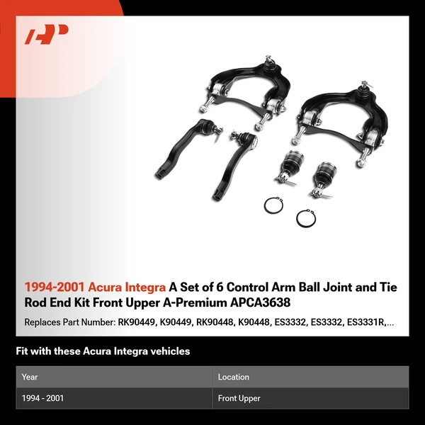 1994-2001 Acura Integra A Set of 6 Control Arm Ball Joint and Tie Rod End Kit Front Upper A-Premium APCA3638