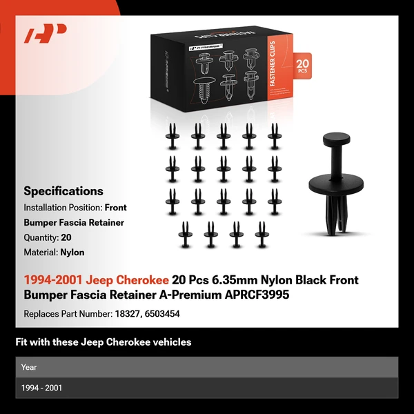 1994-2001 Jeep Cherokee 20 Pcs 6.35mm Nylon Black Front Bumper Fascia Retainer A-Premium APRCF3995