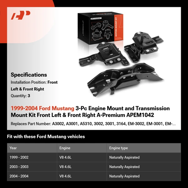 1999-2004 Ford Mustang 3-Pc Engine Mount and Transmission Mount Kit Front Left & Front Right A-Premium APEM1042