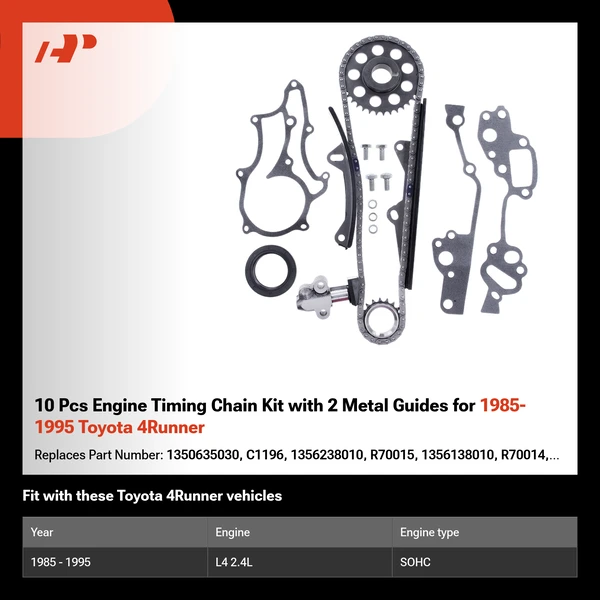 10 Pcs Engine Timing Chain Kit with 2 Metal Guides for 1985-1995 Toyota 4Runner
