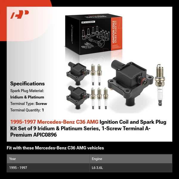 1995-1997 Mercedes-Benz C36 AMG Ignition Coil and Spark Plug Kit Set of 9 Iridium & Platinum Series, 1-Screw Terminal A-Premium APIC0896