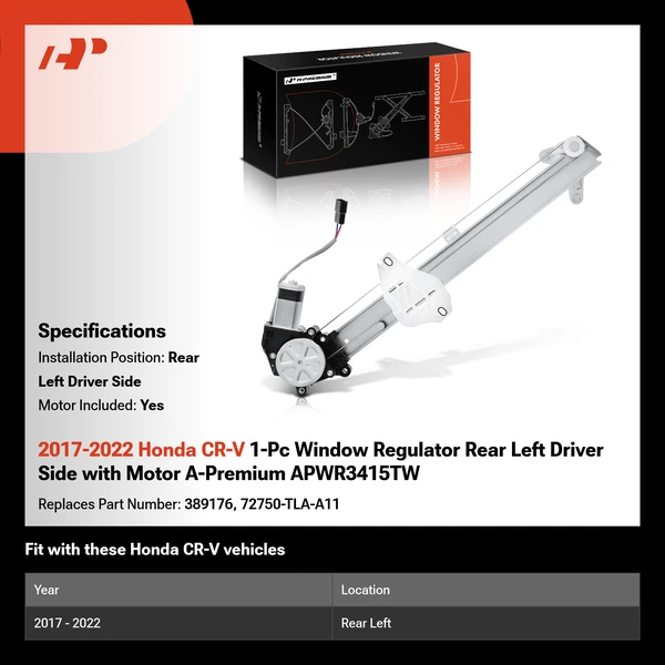 2017-2022 Honda CR-V 1-Pc Window Regulator Rear Left Driver Side with Motor A-Premium APWR3415TW