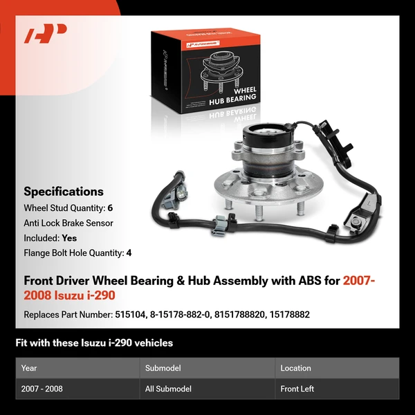 Front Driver Wheel Bearing & Hub Assembly with ABS for 2007-2008 Isuzu i-290