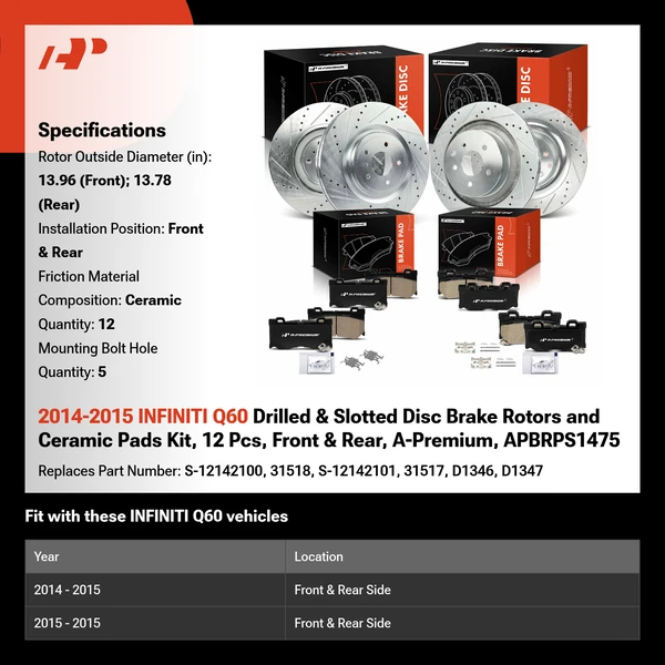 2014-2015 INFINITI Q60 Drilled & Slotted Disc Brake Rotors and Ceramic Pads Kit, 12 Pcs, Front & Rear, A-Premium, APBRPS1475