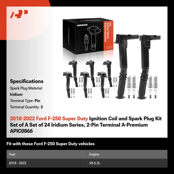 2018-2022 Ford F-250 Super Duty Ignition Coil and Spark Plug Kit Set of A Set of 24 Iridium Series, 2-Pin Terminal A-Premium APIC0866