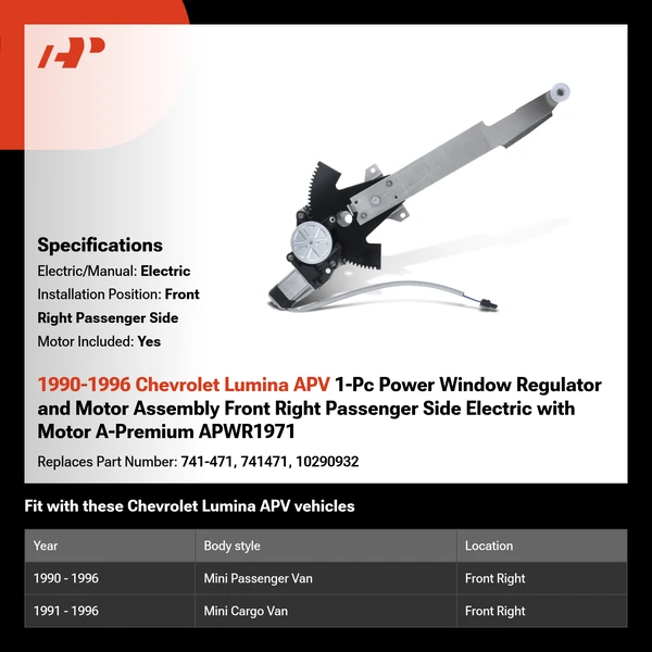 1990-1996 Chevrolet Lumina APV 1-Pc Power Window Regulator and Motor Assembly Front Right Passenger Side Electric with Motor A-Premium APWR1971