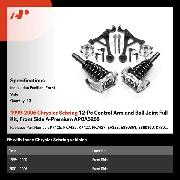 1999-2006 Chrysler Sebring 12-Pc Control Arm and Ball Joint Full Kit, Front Side A-Premium APCA5268