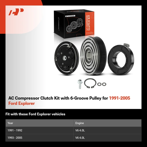 AC Compressor Clutch Kit with 6-Groove Pulley for 1991-2005 Ford Explorer