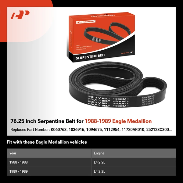76.25 Inch Serpentine Belt for 1988-1989 Eagle Medallion