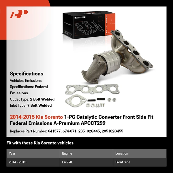 2014-2015 Kia Sorento 1-PC Catalytic Converter Front Side Fit Federal Emissions A-Premium APCCT299