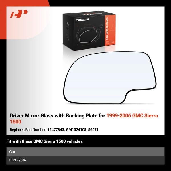 Driver Mirror Glass with Backing Plate for 1999-2006 GMC Sierra 1500