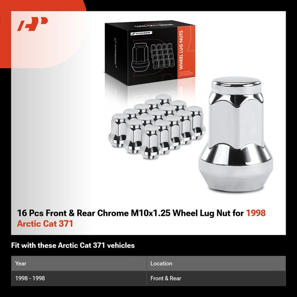 16 Pcs Front & Rear Chrome M10x1.25 Wheel Lug Nut for 1998 Arctic Cat 371