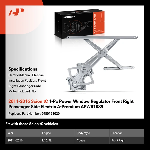2011-2016 Scion tC 1-Pc Power Window Regulator Front Right Passenger Side Electric A-Premium APWR1089