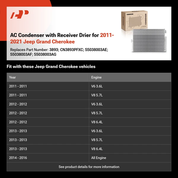 AC Condenser with Receiver Drier for 2011-2021 Jeep Grand Cherokee
