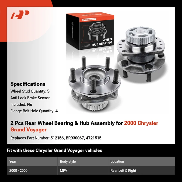 2 Pcs Rear Wheel Bearing & Hub Assembly for 2000 Chrysler Grand Voyager