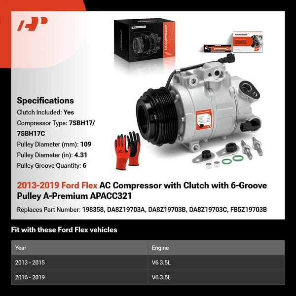 2013-2019 Ford Flex AC Compressor with Clutch with 6-Groove Pulley A-Premium APACC321